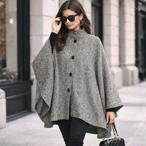 Vintage Herman Kay Cape Poncho Womens Medium Large Wool Blend Gray Fleck Winter